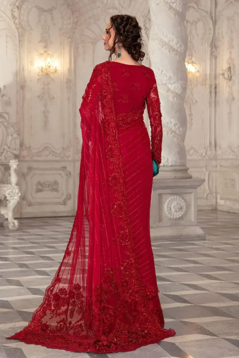 Maria B . Red Saree embroidered with sequins.
