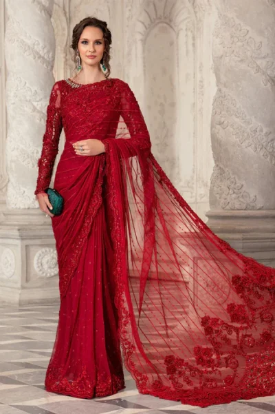 Maria B . Red Embroidered Saree