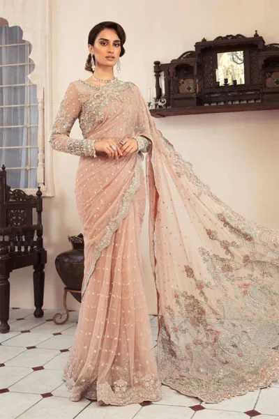 Maria B-Peach Pink Embroidered Saree