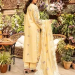 The Elaf-Roshne Luxury Lawn 3pc features embroidered lawn, an embroidered organza neckline, a dyed cambric trouser, and an embroidered cotton net dupatta.