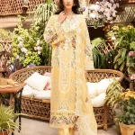 The Elaf-Roshne Luxury Lawn 3pc features embroidered lawn, an embroidered organza neckline, a dyed cambric trouser, and an embroidered cotton net dupatta.
