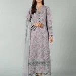 Elegant Grey Pink Embroidered Lawn Suit with Lace