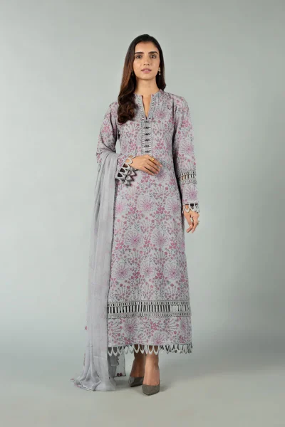 Elegant Grey Pink Embroidered Lawn Suit with Lace