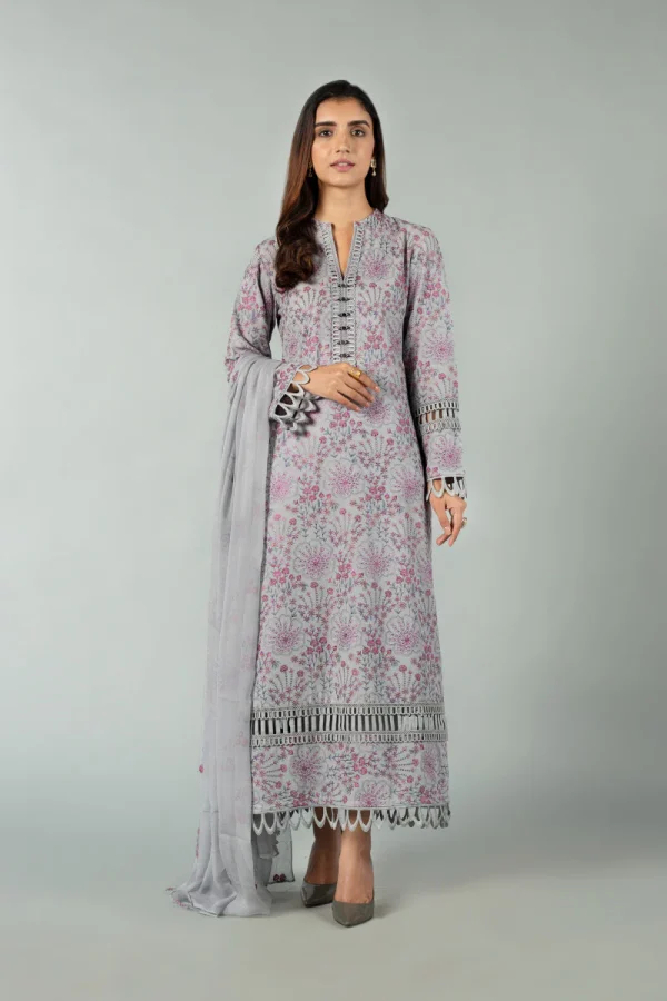 Elegant Grey Pink Embroidered Lawn Suit with Lace