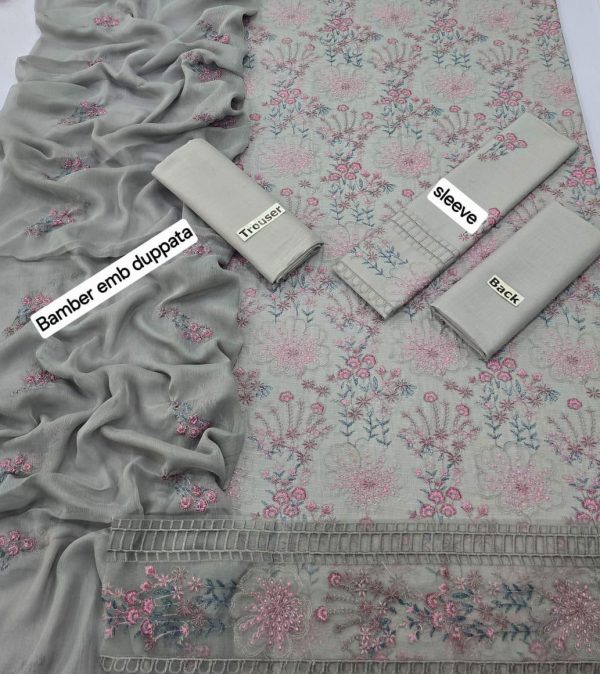 Elegant Grey Pink Embroidered Lawn Suit with Lace