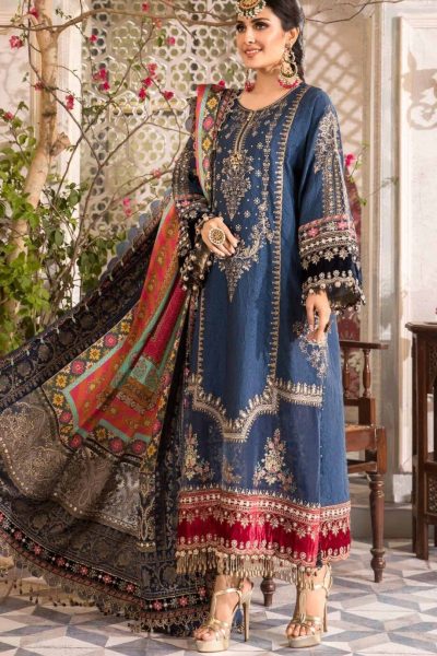 Royal Navy Blue Embroidered Bridal Suit with Multicolor Dupatta