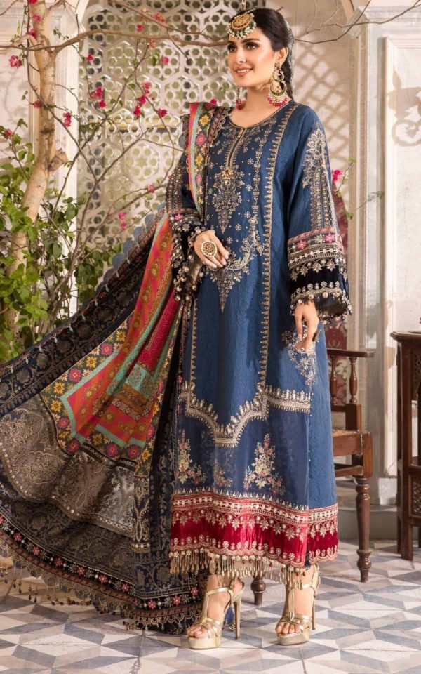 Royal Navy Blue Embroidered Bridal Suit with Multicolor Dupatta