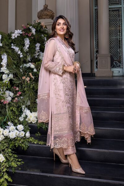 Azure Pink Embroidered Chiffon 3pc Dress