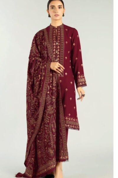 Bareeze- Heavy Embridered Meroon 3pc