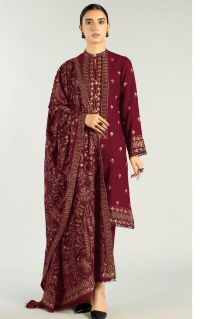 Bareeze- Heavy Embridered Meroon 3pc