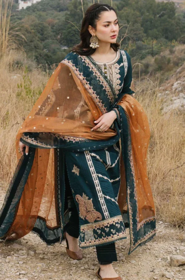 Qalamkar-Heavy Embroidered 3PC Lawn With Embroidered Chiffon Dupatta