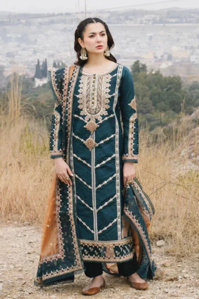 Qalamkar-Heavy Embroidered 3PC Lawn With Embroidered Chiffon Dupatta