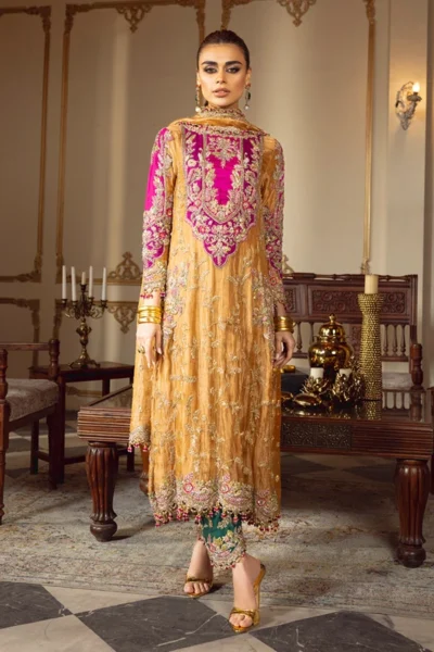 Royal Mustard & Magenta Embroidered Partywear Dress