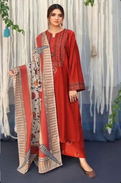 Asling-3pc Embroiderd Dhank with Wool Shawl