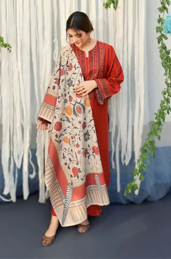 Asling-3pc Embroiderd Dhank with Wool Shawl