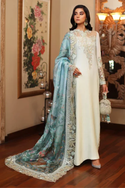 Azure Silk Suit with Embroidered Dupatta – Elegant & Stylish
