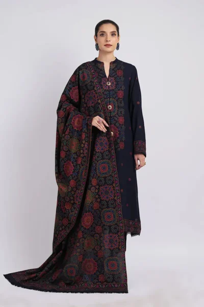 Bareeze-Blue Dhanak Embroiered 3pc with Embroidered Shawl