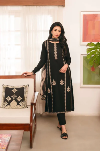 Dhanak Embroidered 3pc With Digital Wool Shawl