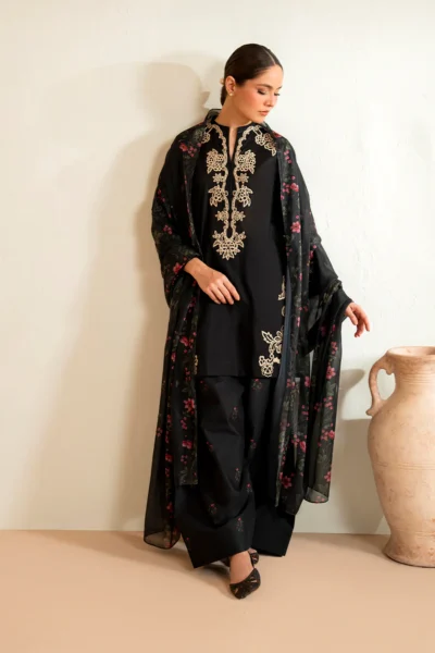 Elegant Black Embroidered 3pc Suit with Floral Dupatta