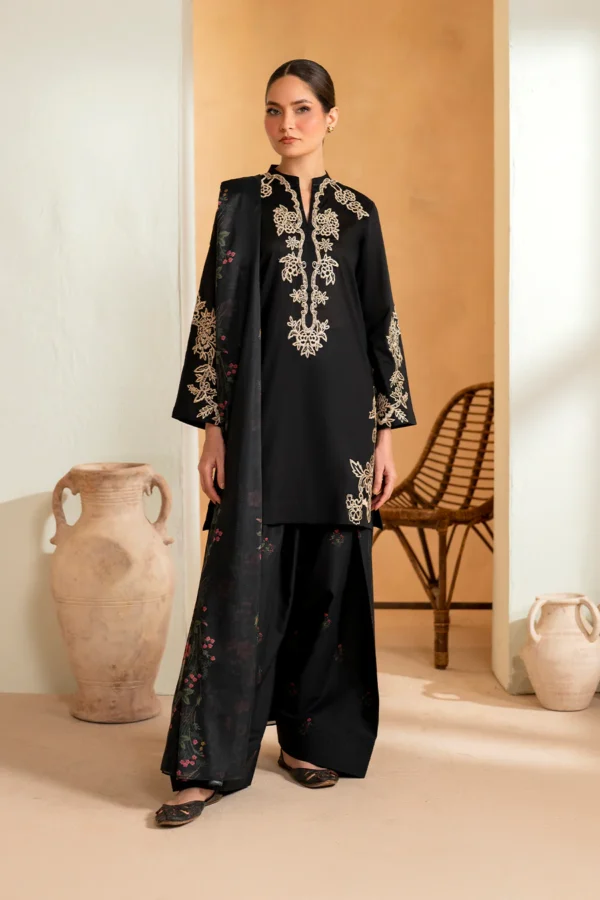 Elegant Black Embroidered 3pc Suit with Floral Dupatta