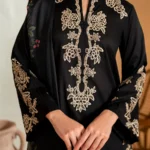Elegant Black Embroidered 3pc Suit with Floral Dupatta