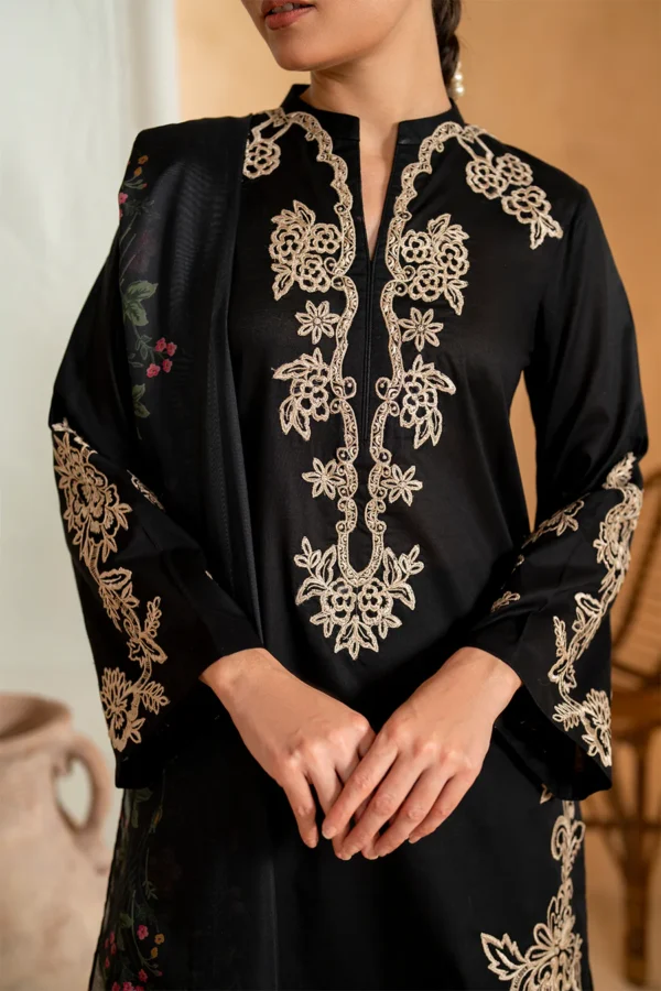 Elegant Black Embroidered 3pc Suit with Floral Dupatta
