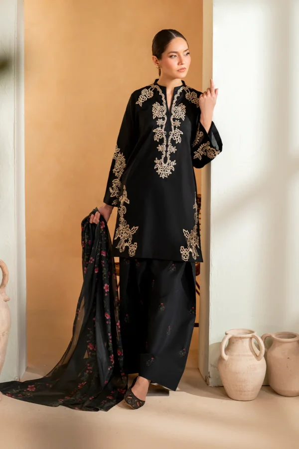 Elegant Black Embroidered 3pc Suit with Floral Dupatta