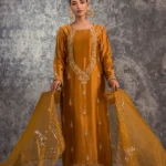 Golden Embroidered Silk 3pc – Festive Mehndi & Wedding Wear