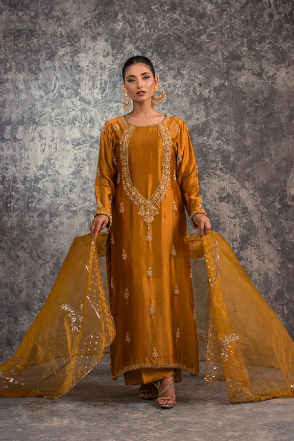 Golden Embroidered Silk 3pc – Festive Mehndi & Wedding Wear