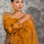 Golden Embroidered Silk 3pc – Festive Mehndi & Wedding Wear