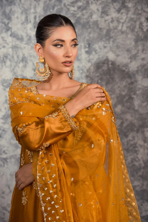 Golden Embroidered Silk 3pc – Festive Mehndi & Wedding Wear