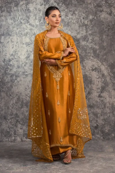 Golden Embroidered Silk 3pc – Festive Mehndi & Wedding Wear