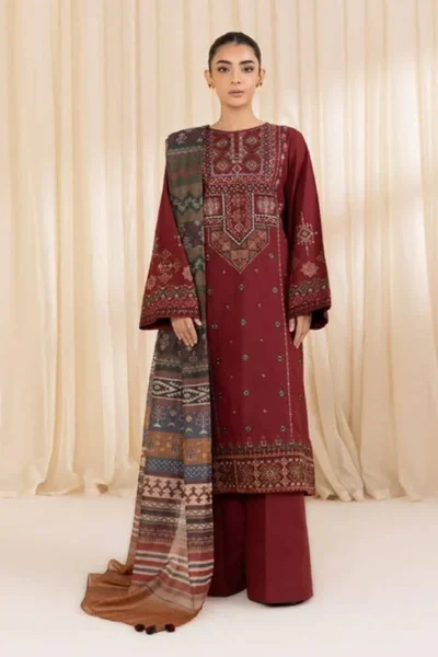 sapphire-Dhanak 3pc Embroidered with Digital wool Shawl