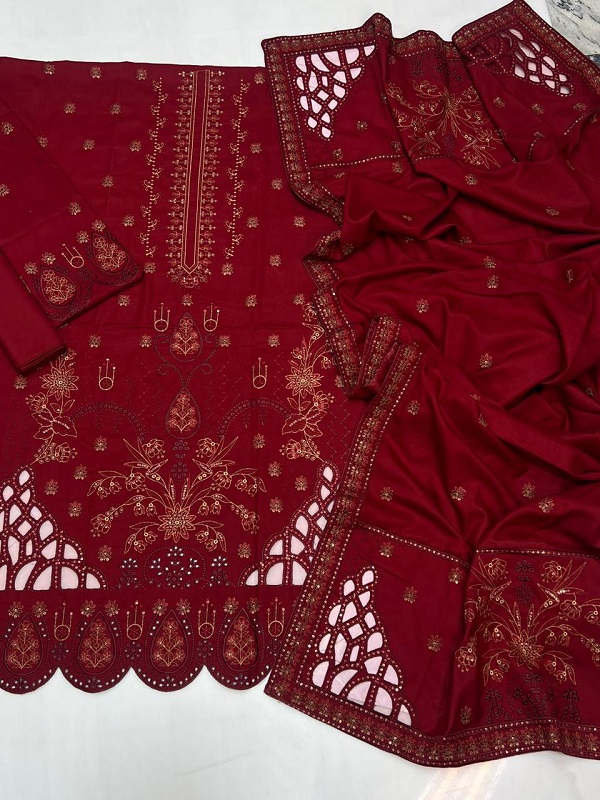 Dhanak Embroidered 3pc with Cutwork Pallu Shawl