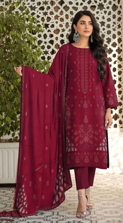 Dhanak Embroidered 3pc with Cutwork Pallu Shawl