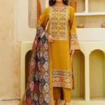 Embroidered front, sleeves; plain back, trouser; digital printed shawl