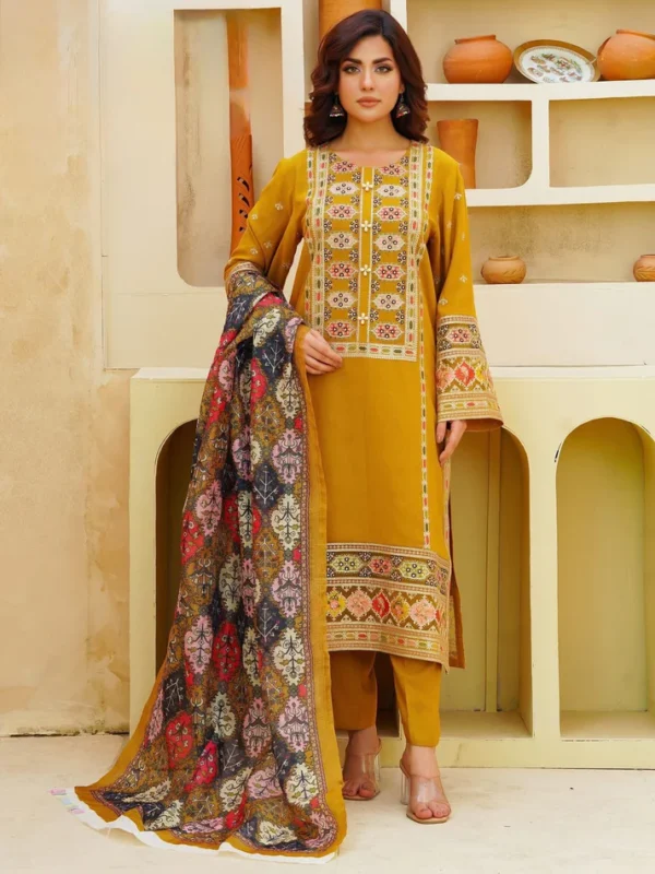 Embroidered front, sleeves; plain back, trouser; digital printed shawl