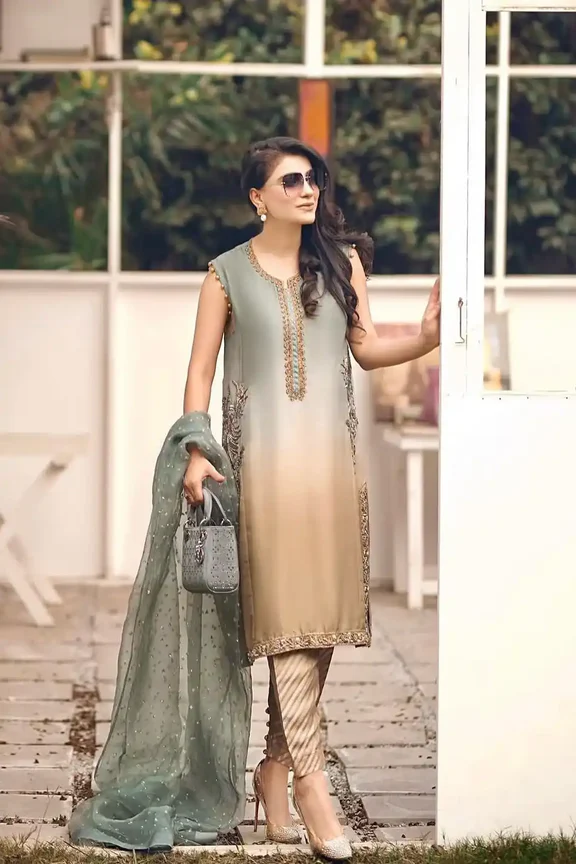Lulusar Tie N Die Formal Silk Wear Dress with Hand Embellishments