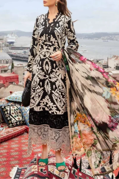 Maria B Mprint Black and white Khaddar Embroidered Dress