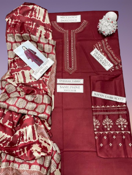 Sapphire-Embroidered Dhanak 3pc with Digital Prnted Shawl