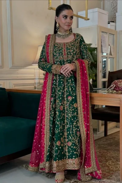 Haris Shakeel-Elegant Green Embroidered Dress+Pink Dupatta