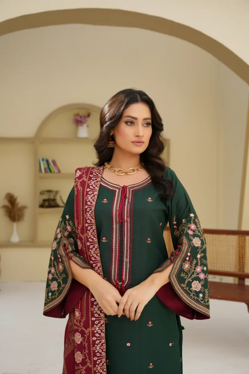 Dark Green Embroidered 3pc Suit with Maroon Dupatta