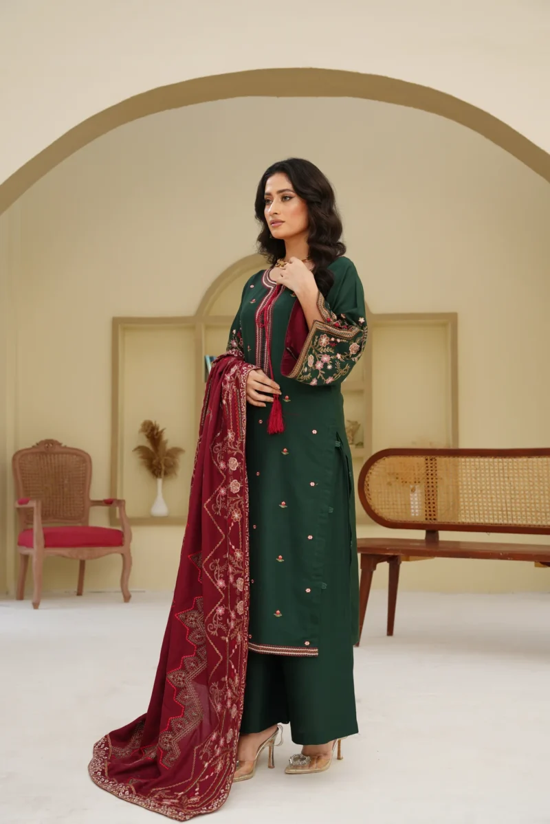 Dark Green Embroidered 3pc Suit with Maroon Dupatta