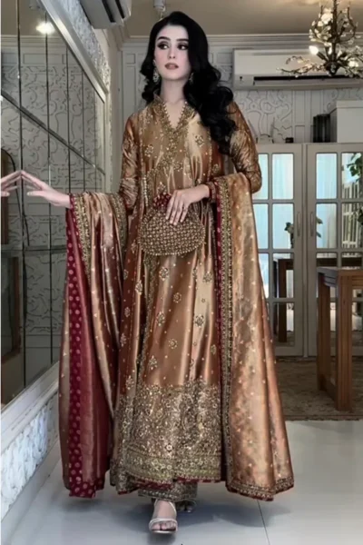 Haris Shakeel - Elegant Embroidered Bronze Long Dress