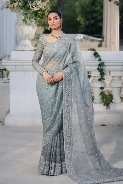 Maria B-Elegant Grey Embroidered Saree