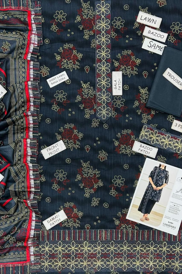 Bana Doria Printed Lawn 3pc with Embroidered Patches