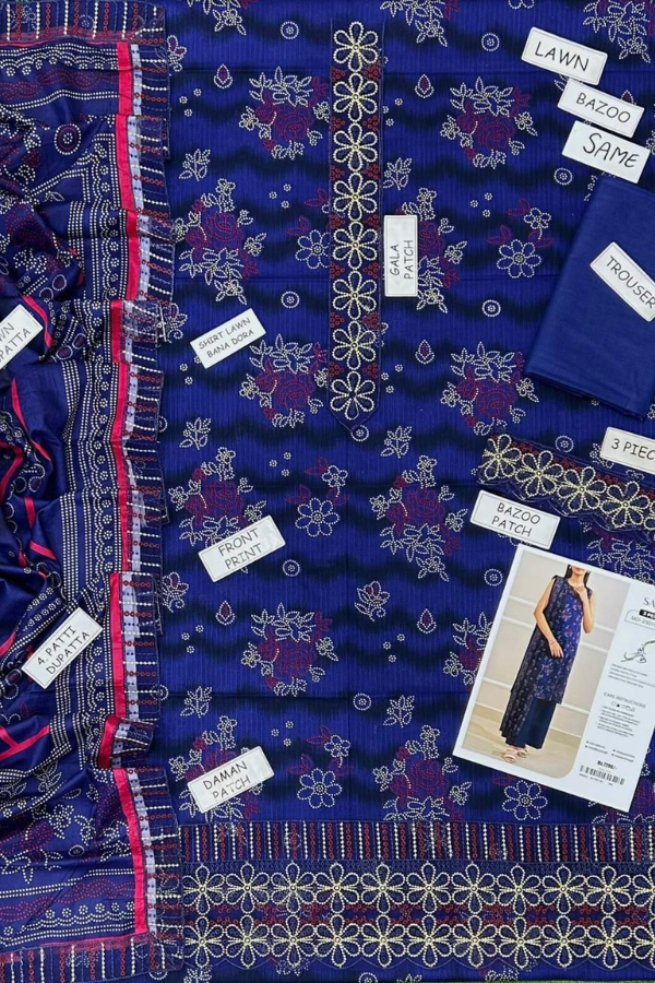 Bana Doria Printed Lawn 3pc with Embroidered Patches