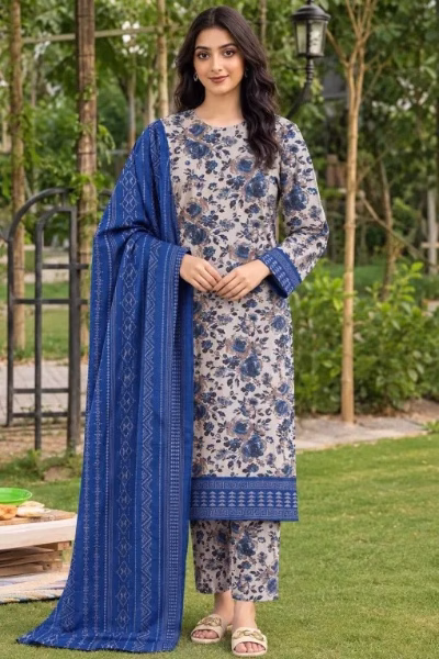Blue Floral Printed 3 Piece Winter Suit