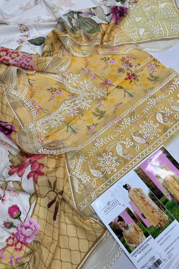 Afrozeh-Luxury Lawn 3pc + Embroidery Patches
