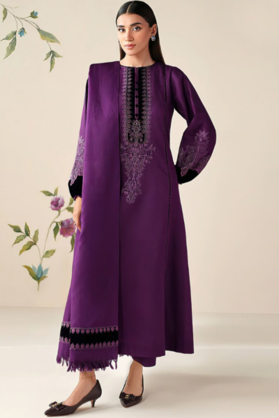 Baroque-Dhanak Embroidered 3pc with Pallu Embroidery Shawl